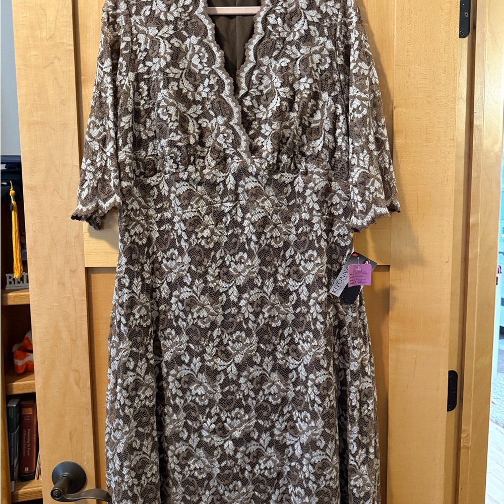 Kiyonna Brown and Cream Wrap Dress with Bishop Sleeves